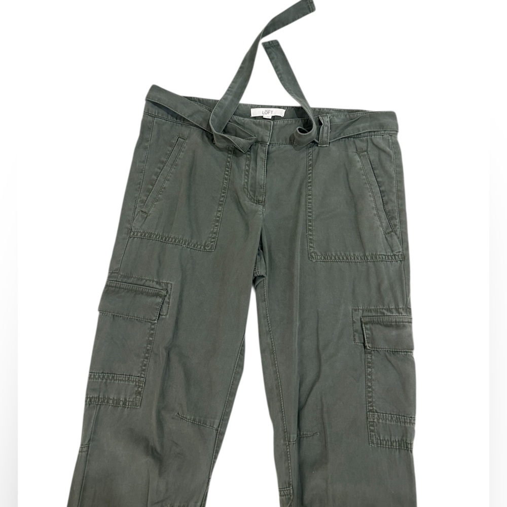 LOFT Olive Green Cargo cropped cotton Pants tie belt size 4 - Picture 3 of 5